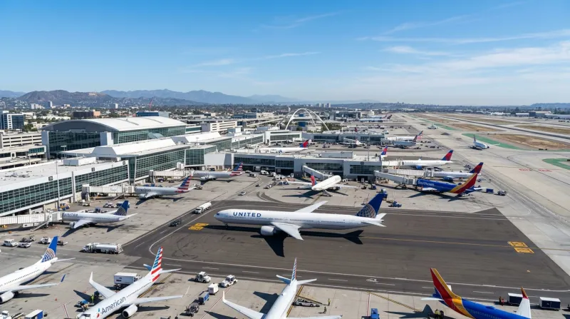 Grand aéroport international moderne aux États-Unis avec avions sur le tarmac.