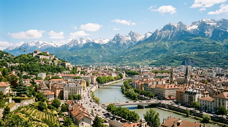 Grenoble sous un soleil d'été avec les Alpes en arrière-plan.
