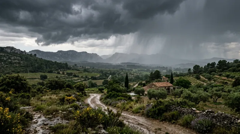 Un paysage de colline des Bouches-du-Rhône avec des herbes et des oliviers sous un ciel gris et orag