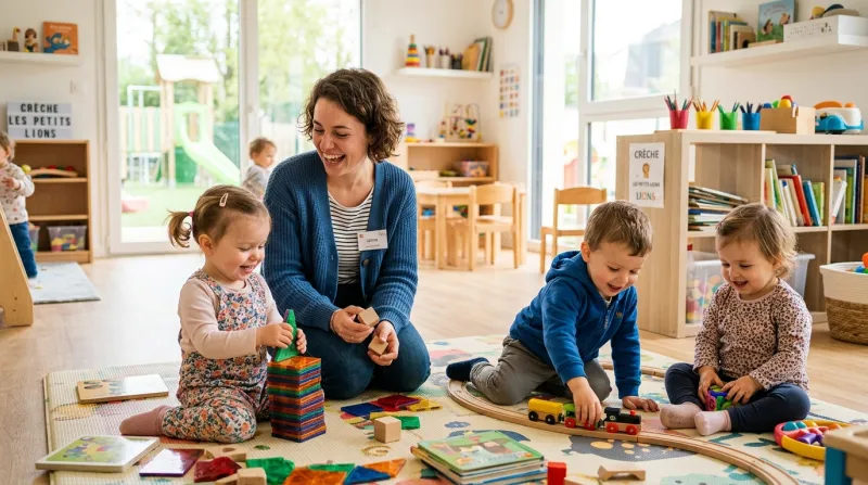 Une éducatrice sourit auprès d'enfants jouant dans une crèche lumineuse.