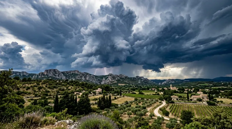 Paysage des Bouches-du-Rhône sous un ciel d'orage spectaculaire.