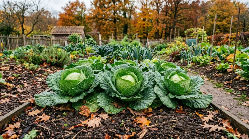 Choux pommés frais et verts dans un potager en automne.