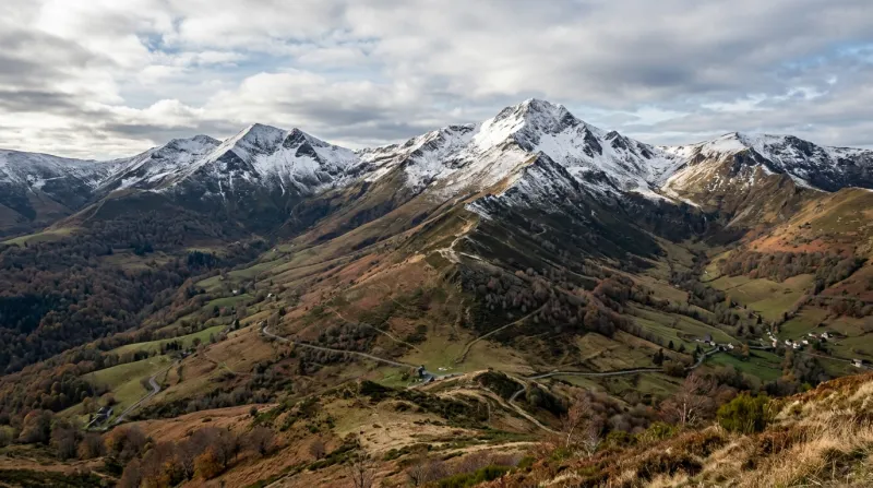 Paysage des monts du Cantal avec de légères chutes de neige sur les sommets.