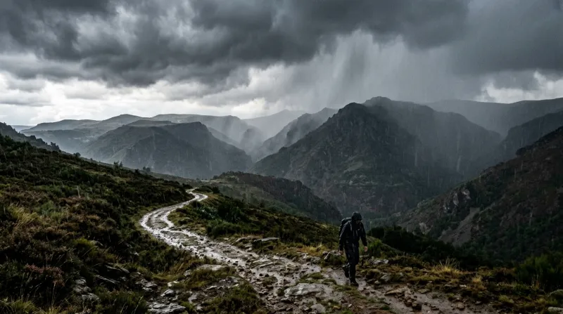 Paysage de montagne en Lozère sous un ciel d'orage et de fortes pluies.