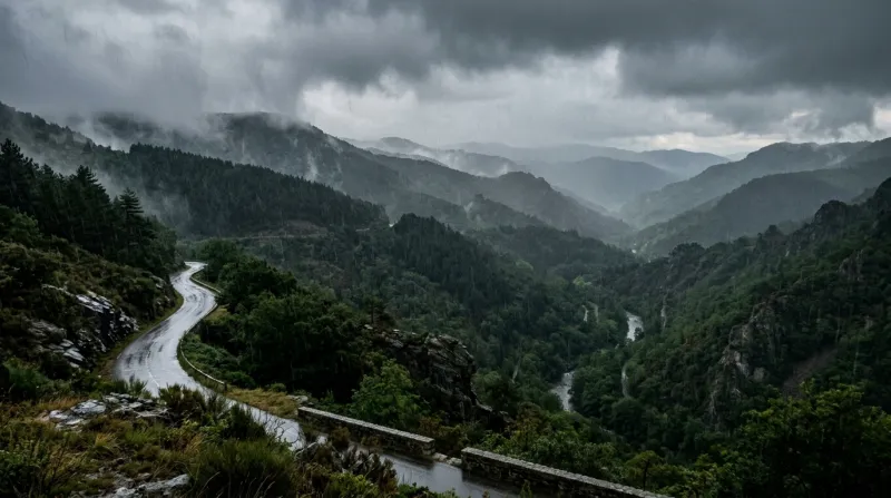 Paysage naturel verdoyant des Cévennes en Ardèche sous un ciel pluvieux.