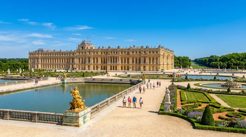 Le château de Versailles sous un soleil d'été et un ciel limpide.