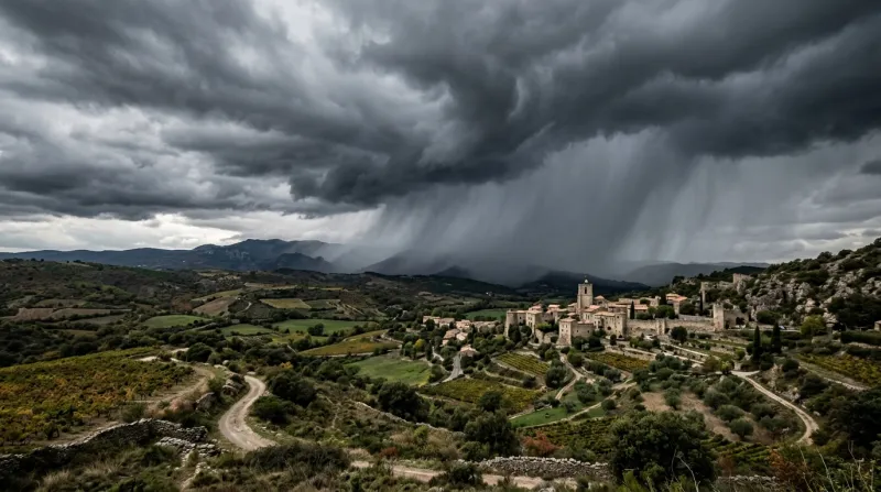 Paysage de l'Aude sous un ciel d'orage et des nuages d'averses