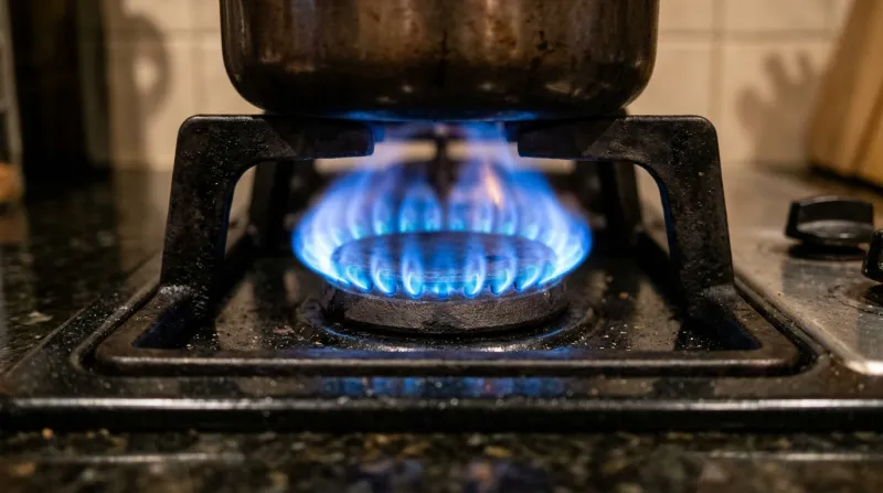 Gros plan d'une flamme bleue sur un brûleur à gaz.