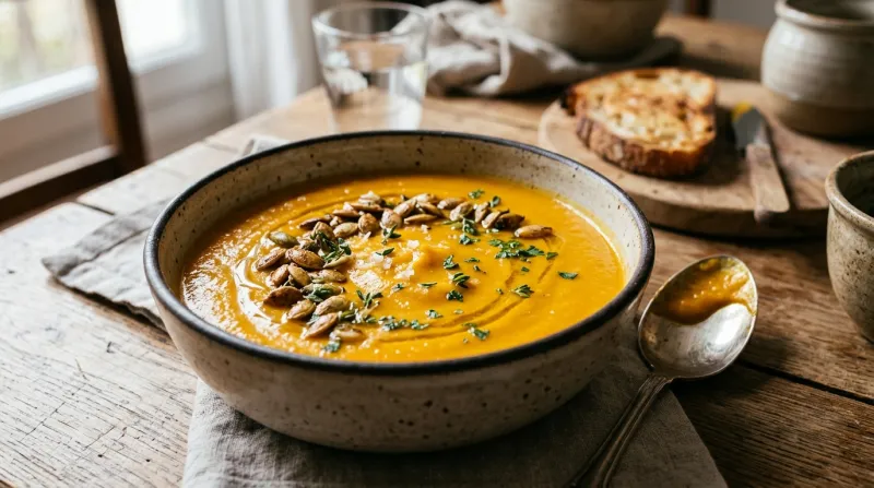 Bol de velouté de potimarron onctueux parsemé de graines.
