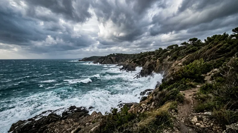 Le littoral du Var balayé par le vent sous un ciel nuageux.