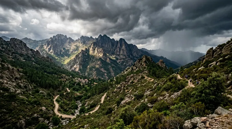 Paysage montagneux de Haute-Corse sous un ciel orageux.