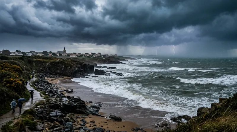Côte vendéenne sous un ciel sombre, pluvieux et orageux.