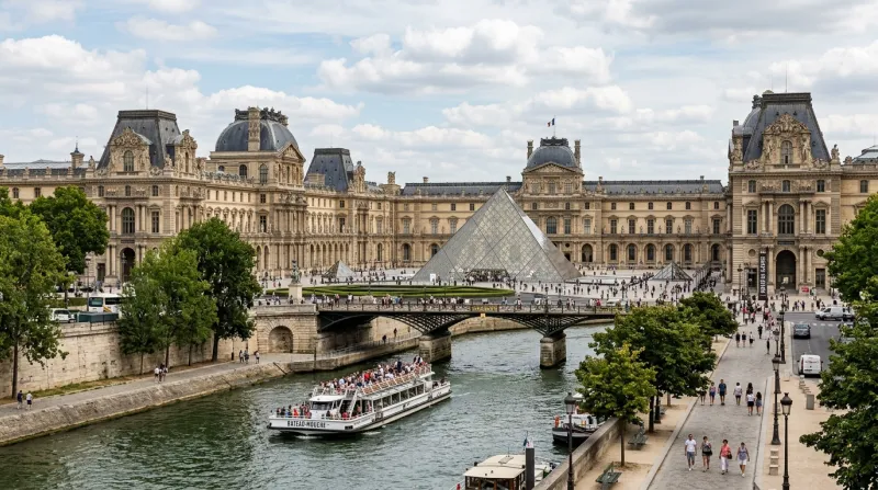 Vue extérieure du musée du Louvre et de sa pyramide au bord de la Seine.