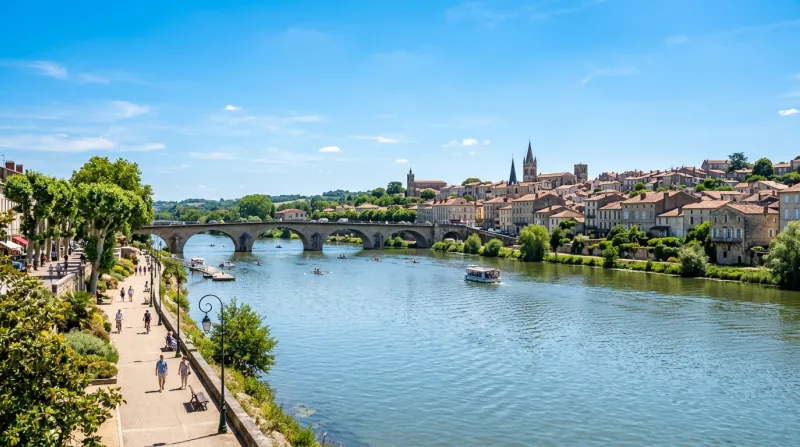 Paysage ensoleillé de la Garonne à Agen sous un ciel bleu.