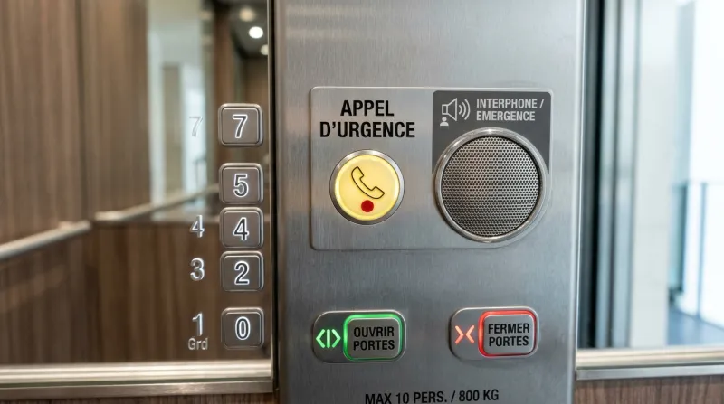 Gros plan sur le bouton d'urgence et l'interphone d'un ascenseur.