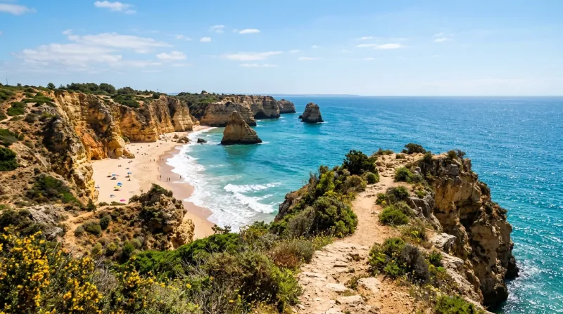 Paysage côtier ensoleillé au Portugal avec falaises et mer bleue.