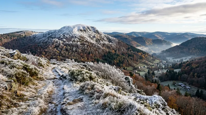 Paysage montagneux des Vosges avec un sommet enneigé et de la gelée blanche.