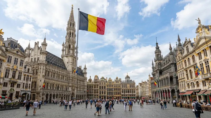 Grand-Place de Bruxelles sous un ciel lumineux avec le drapeau belge.