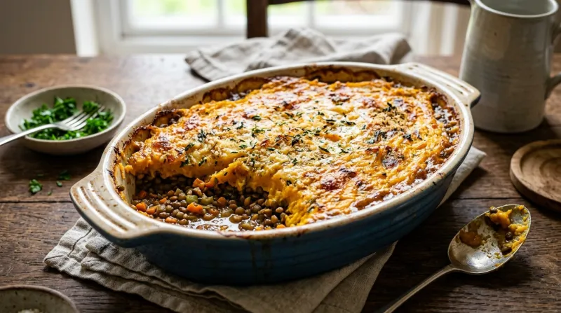 Un parmentier végétal gratiné à la courge et aux lentilles dans un plat de cuisson