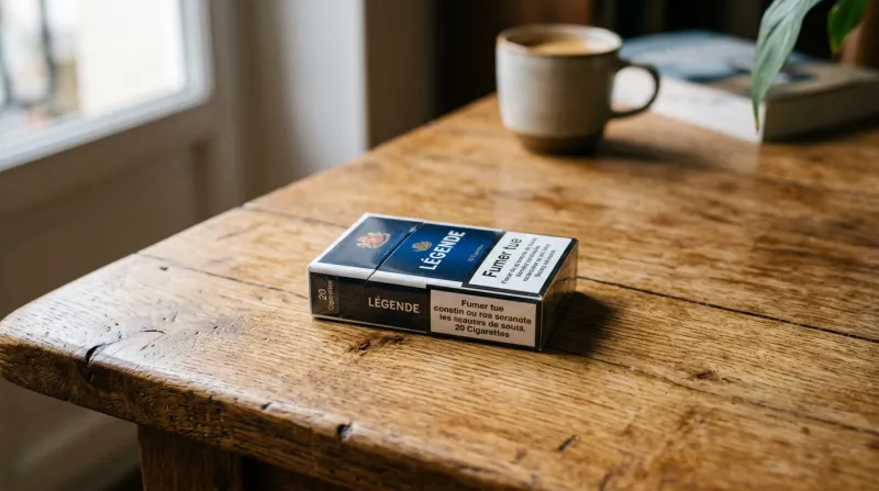 Paquet de cigarettes posé sur une table en bois lumineuse.
