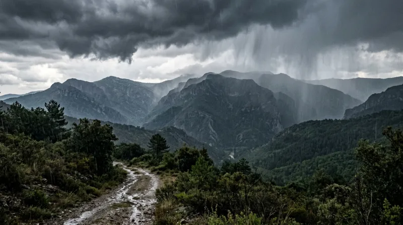 Paysage des Cévennes dans le Gard sous une pluie intense et un ciel d'orage.