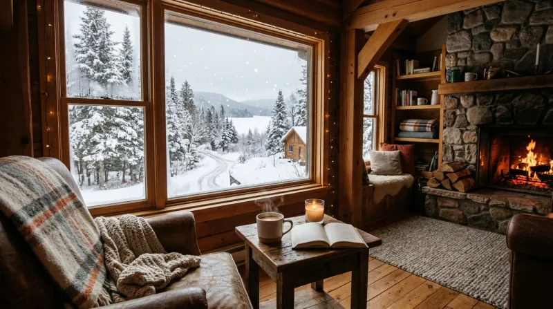 Intérieur chaleureux avec vue sur un paysage enneigé par la fenêtre