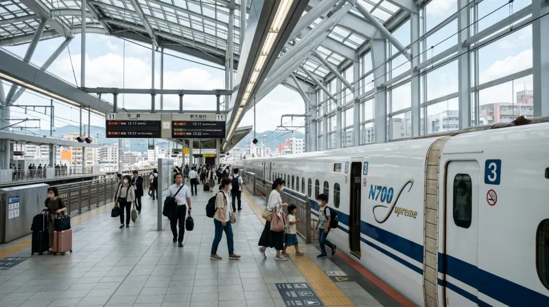Train à grande vitesse Shinkansen dans une gare moderne au Japon.