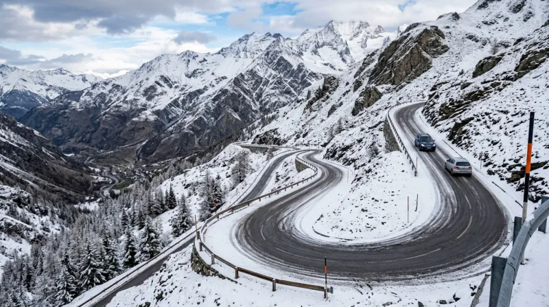 Route de montagne sinueuse recouverte d'une fine couche de neige.