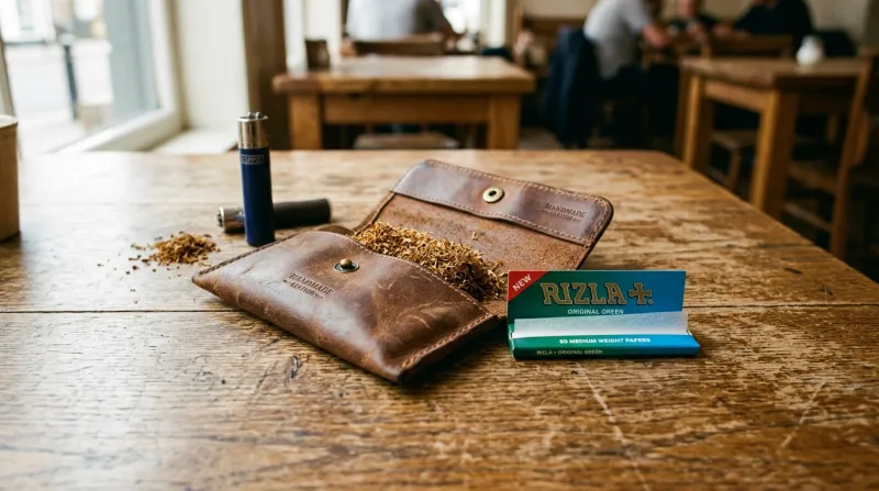 Blague de tabac et papier à rouler sur une table en bois.