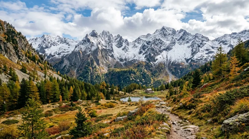 Paysage de montagne en Isère avec les premiers sommets saupoudrés de neige.