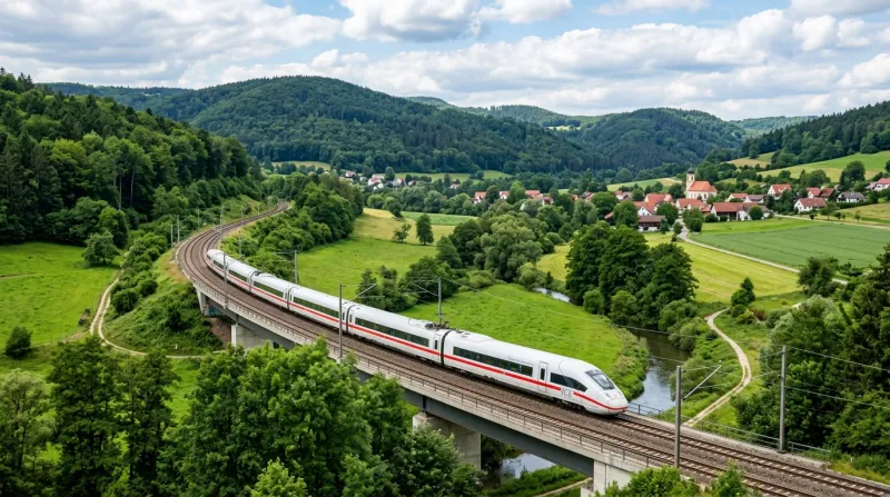 Train moderne traversant un paysage verdoyant en Allemagne.