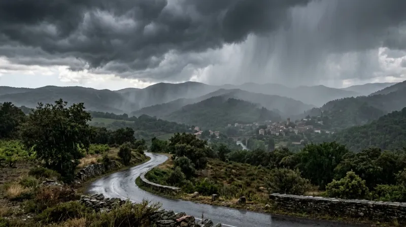 Paysage de l'Hérault sous un ciel d'orage et de pluie.