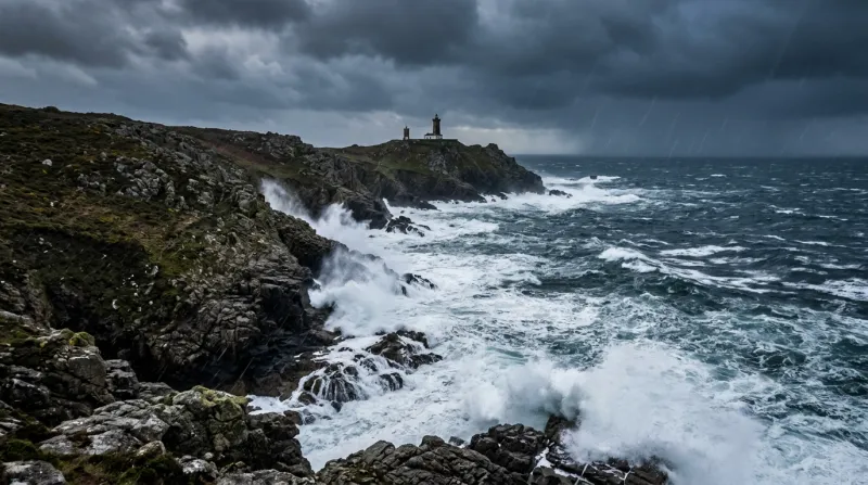 Côte rocheuse du Finistère avec mer agitée et ciel d'orage.