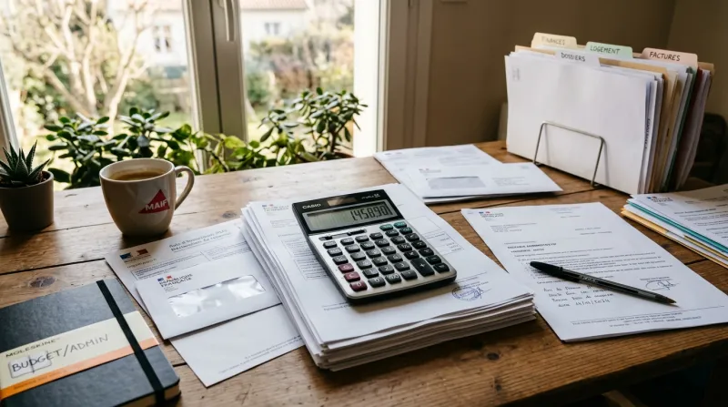 Calculatrice et documents administratifs sur un bureau lumineux.