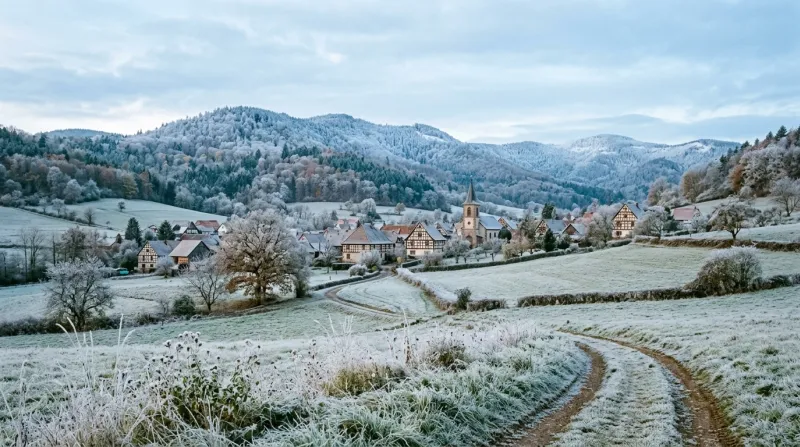 Paysage de campagne givré dans le Bas-Rhin sous un ciel frais matinal.