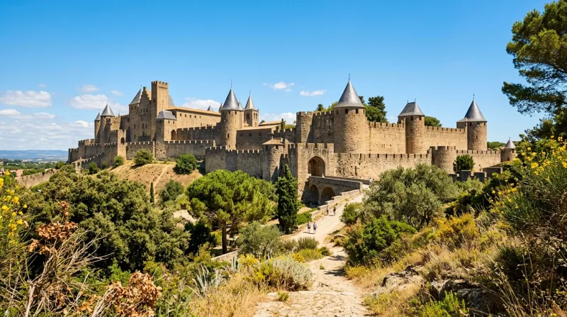 Une photo de Carcassonne montre ses remparts médiévaux sous un ciel d'été ensoleillé, avec des tour