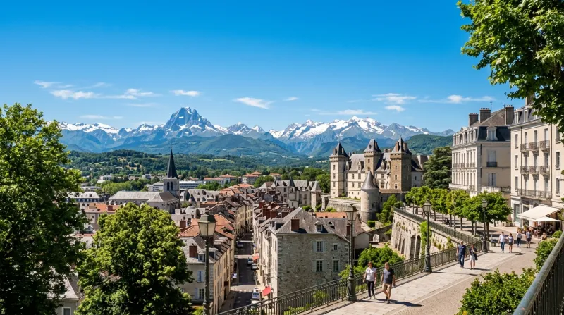 Vue ensoleillée de Pau et des Pyrénées sous un ciel bleu.