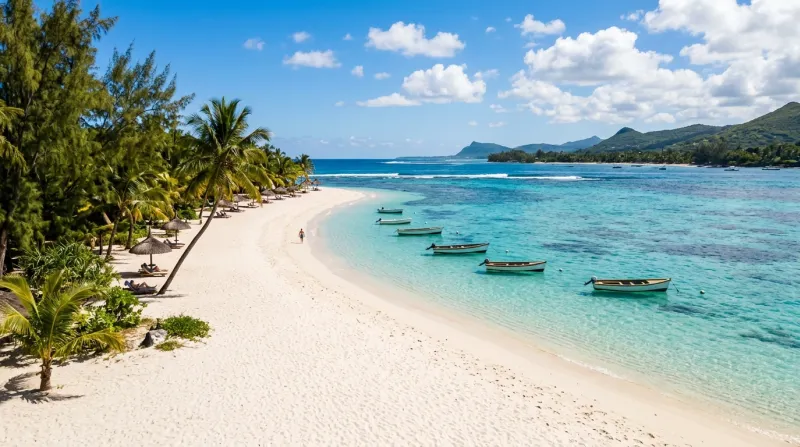 Plage paradisiaque de sable blanc et eau turquoise à l'Île Maurice.