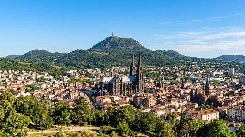 Clermont-Ferrand, sa cathédrale et le Puy-de-Dôme sous un ciel bleu.