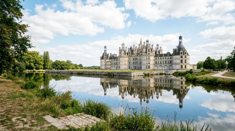 Château de Chambord se reflétant dans la rivière du Cosson sous un ciel lumineux