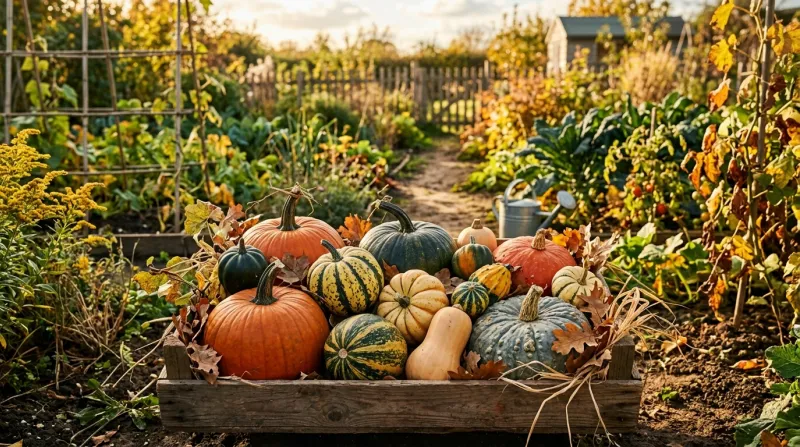 Courges et potirons mûrs récoltés dans un potager ensoleillé.