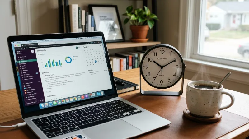 Horloge moderne sur un bureau avec ordinateur portable et tasse de café.