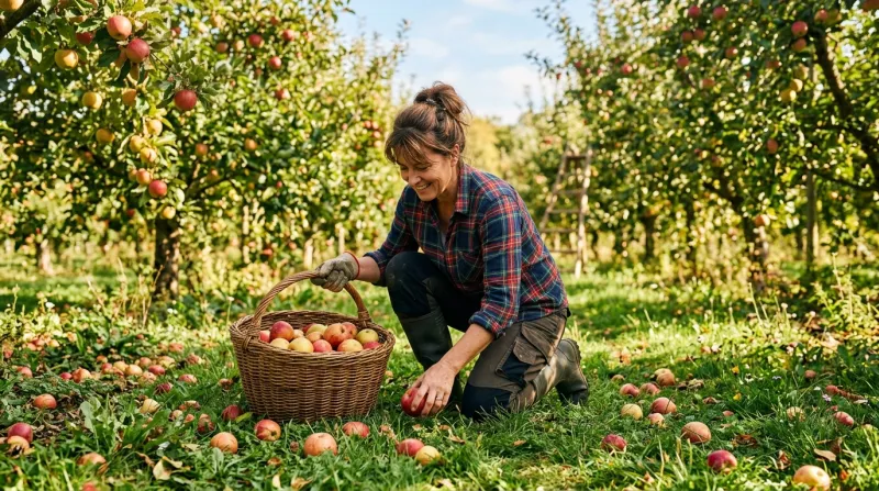 Personne ramassant des pommes mûres tombées dans l'herbe d'un verger.
