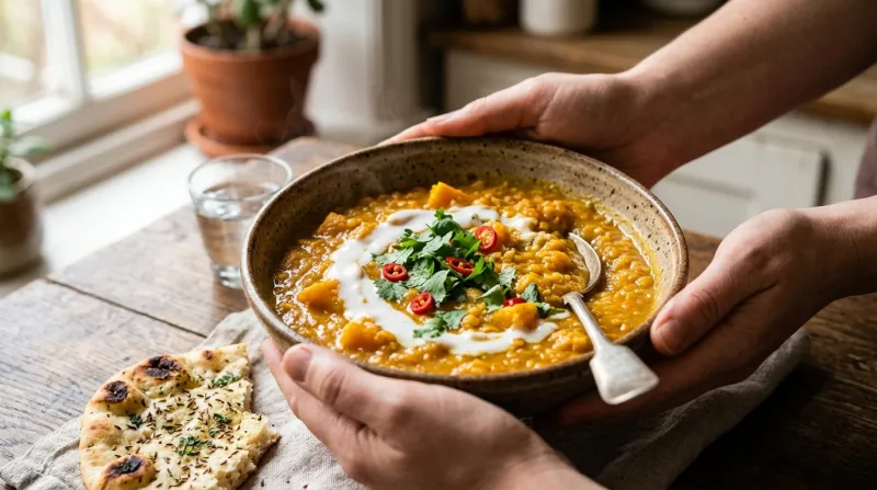 Dahl crémeux de courge butternut et lentilles corail au lait de coco.