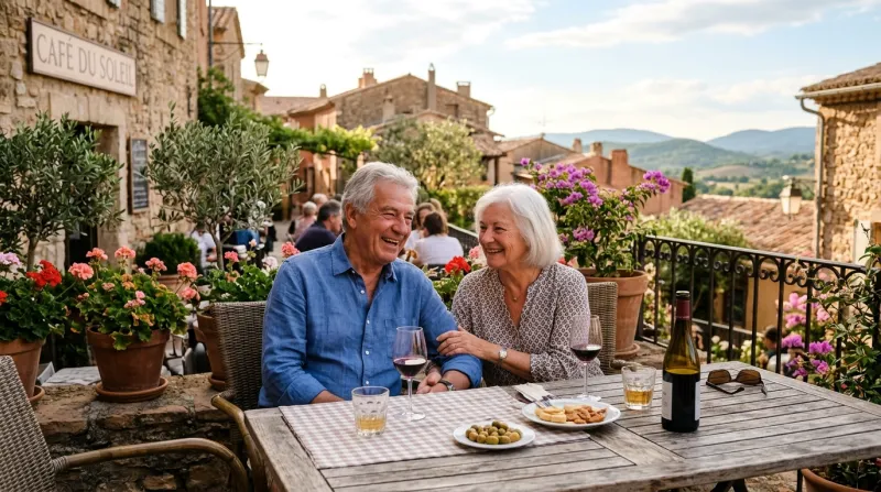 Un couple de seniors souriant profite d'une terrasse ensoleillée.