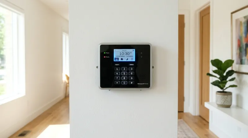 Boîtier d'alarme moderne avec clavier numérique sur un mur blanc.