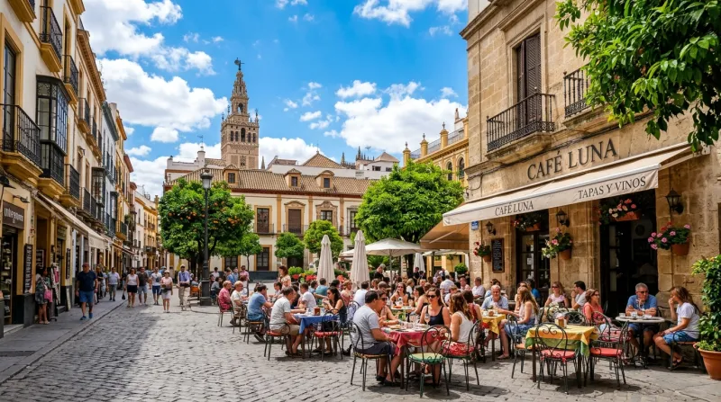 Terrasse de café animée sous un ciel bleu ensoleillé en Espagne.