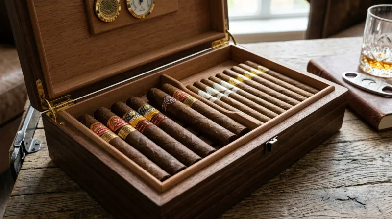 Cigares et cigarillos artisanaux disposés dans une boîte en bois.