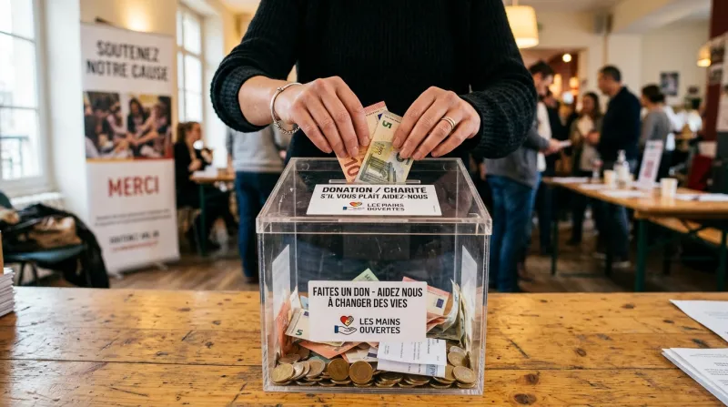 Des mains déposent un don dans une boîte transparente caritative.