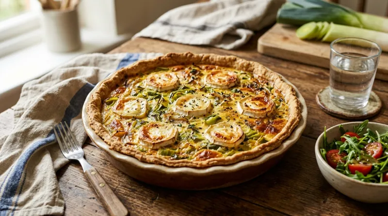Quiche rustique dorée aux poireaux et rondelles de chèvre.